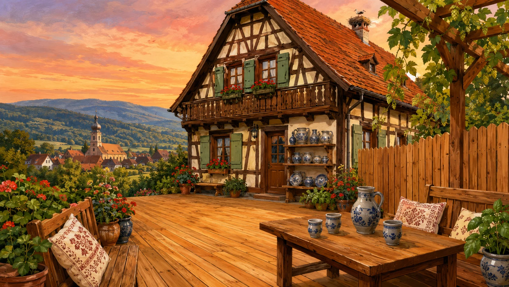 Illustration paysagère du dépôt avec terrasse en bois et clôture